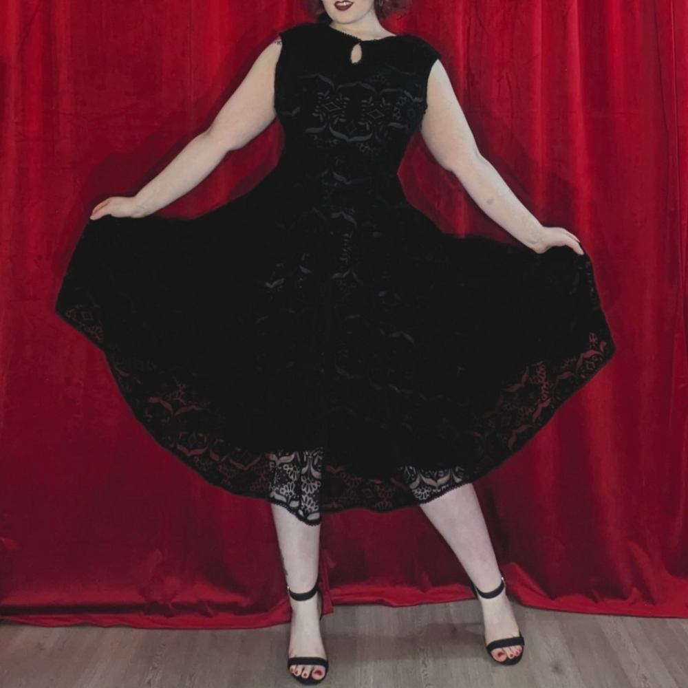 Bright and Beautiful burnout velvet damask print retro goth swing dress - large